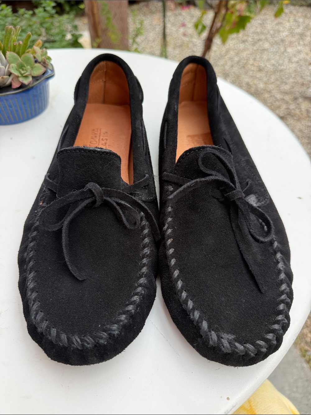 Minnetonka Black Suede Moccasin Loafers with Lace Tie